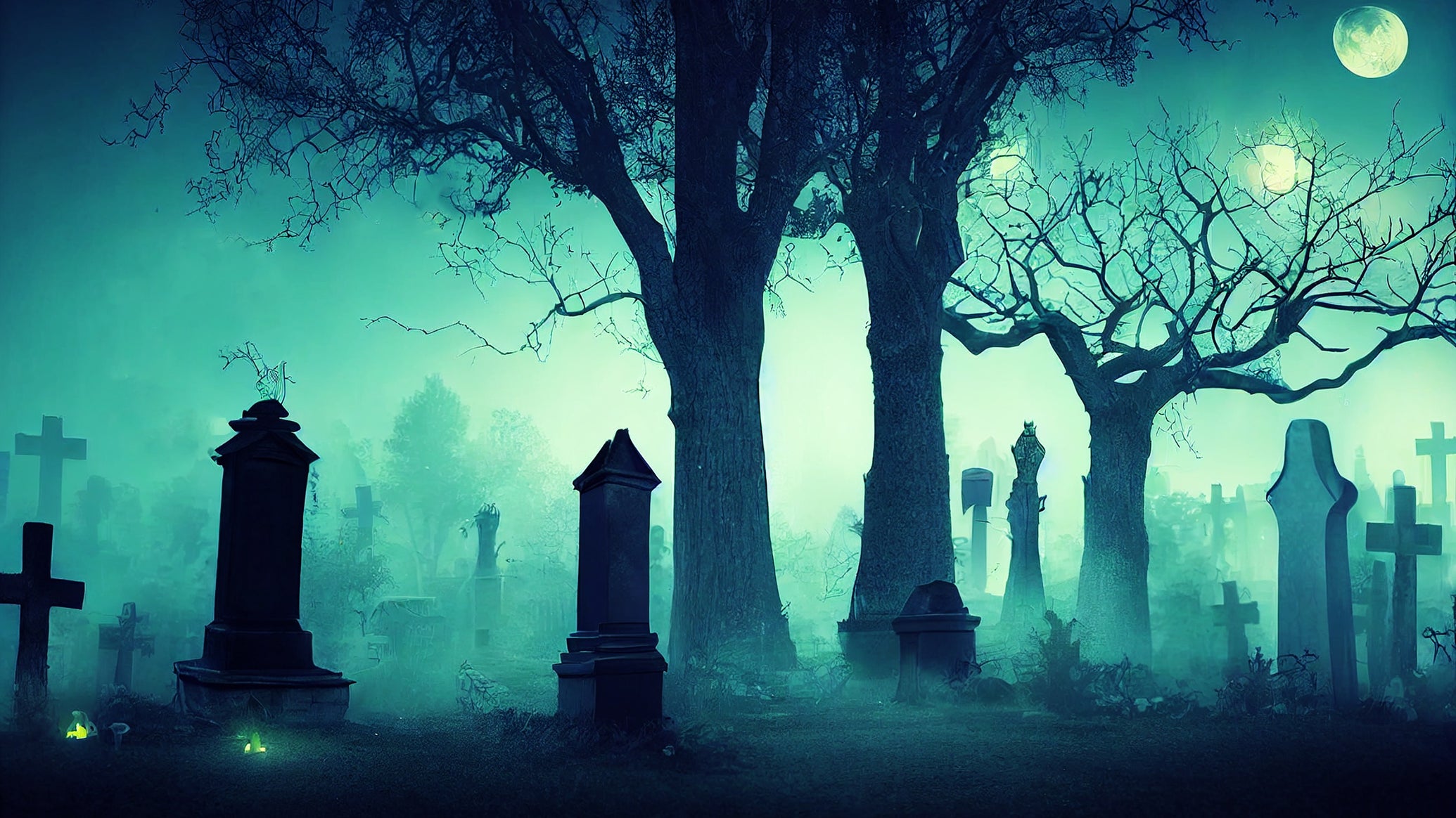 A photograph of a misty graveyard or cemetery at night time, the tall tombstones of which are silhouetted against the eerie pale greenish glow of the full moon above.
