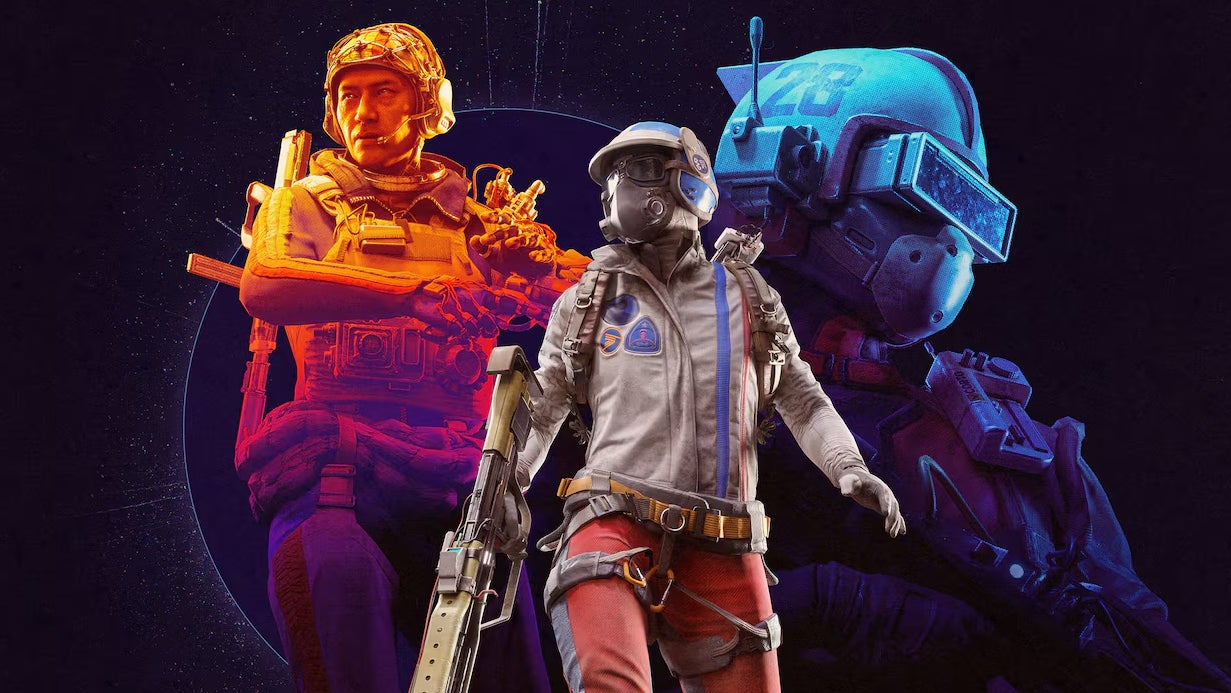 Arc Raiders key art shwoing three characters in a collage, the back two in retro hues of orange and blue