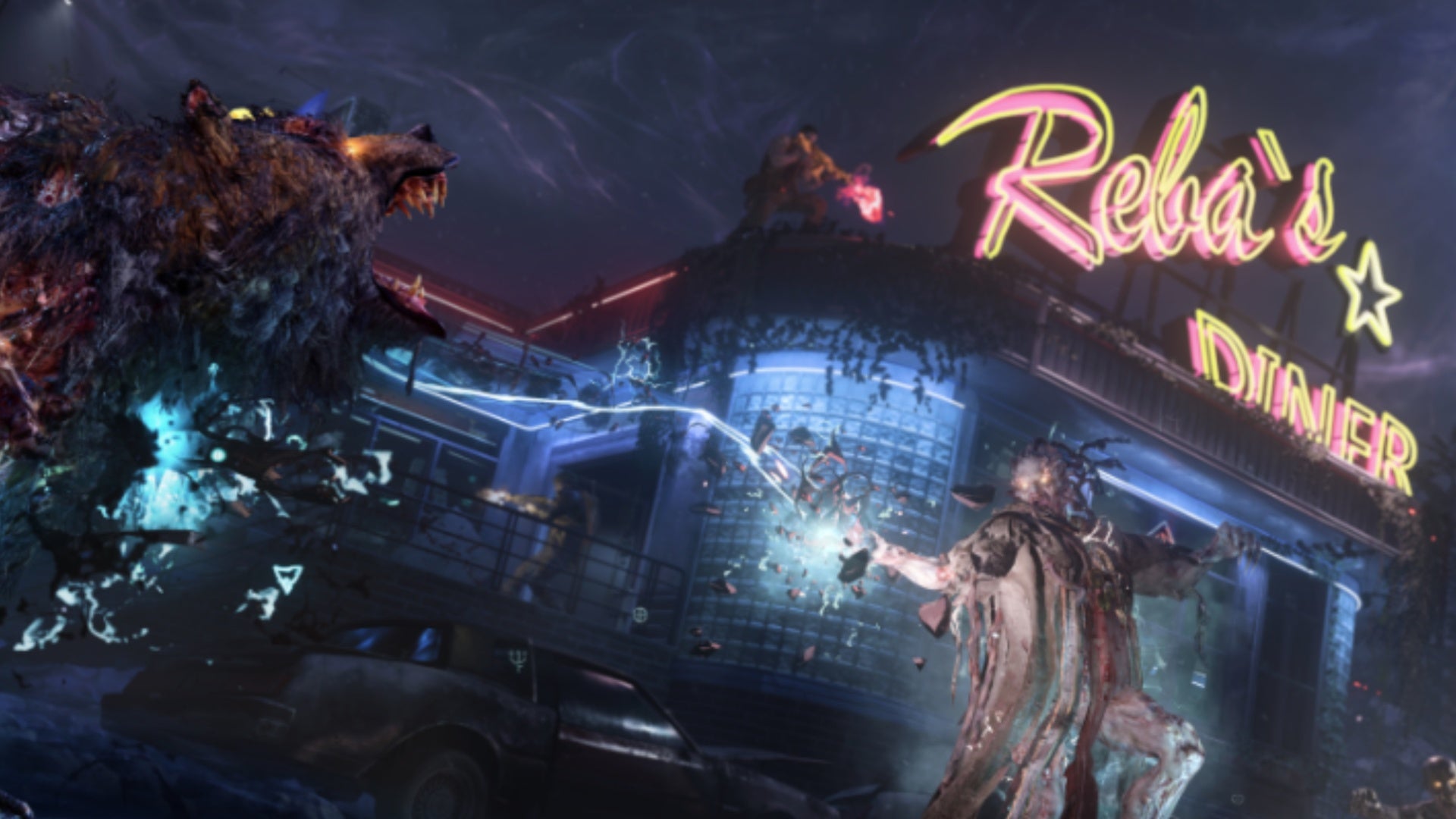 black ops 7 zombies a zombie battling an undead wolf outside Reba's Diner