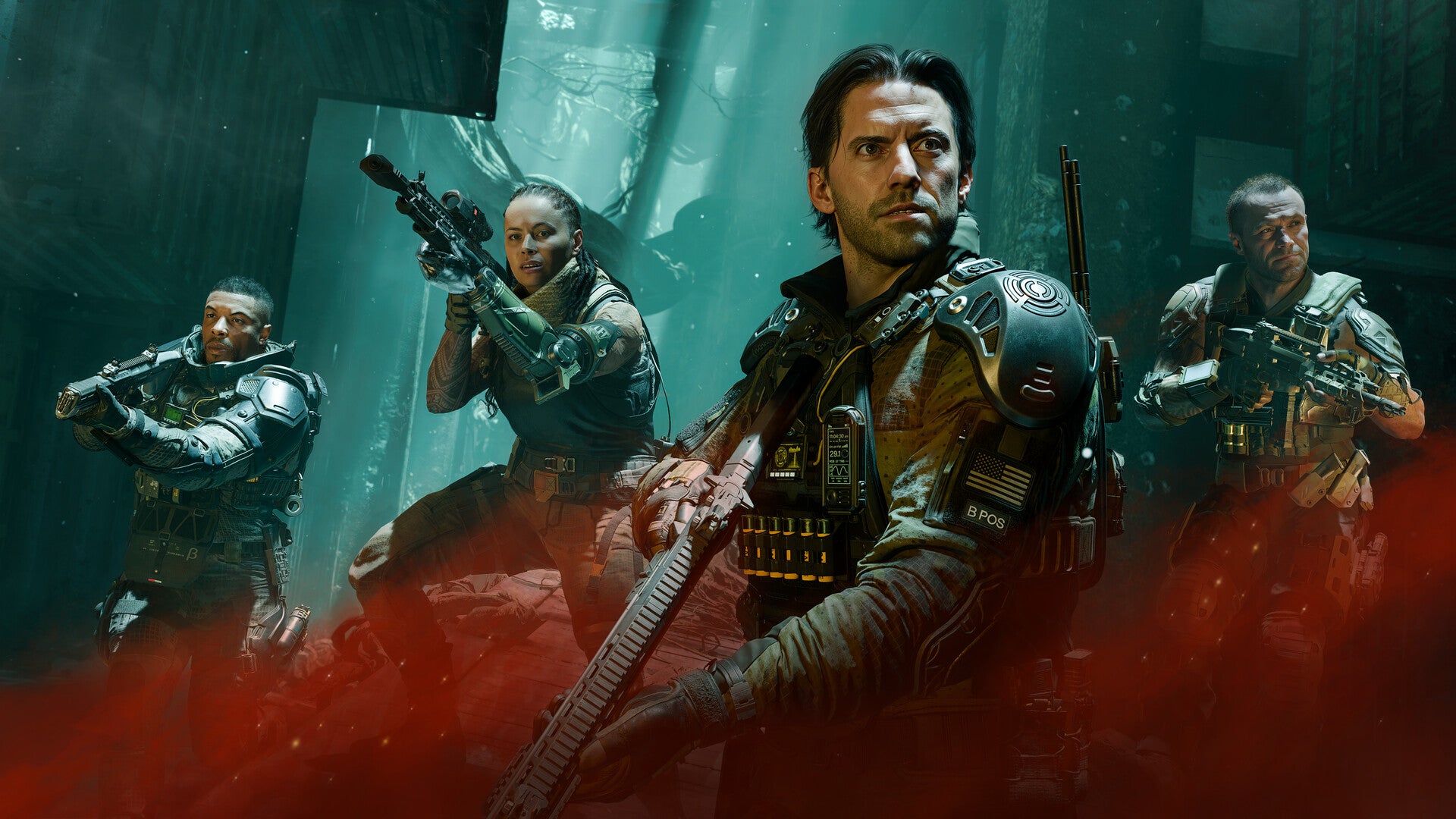 Call of Duty: Black Ops 7 official screenshot showing four main characters holding guns against a dreamy grey background with red mist