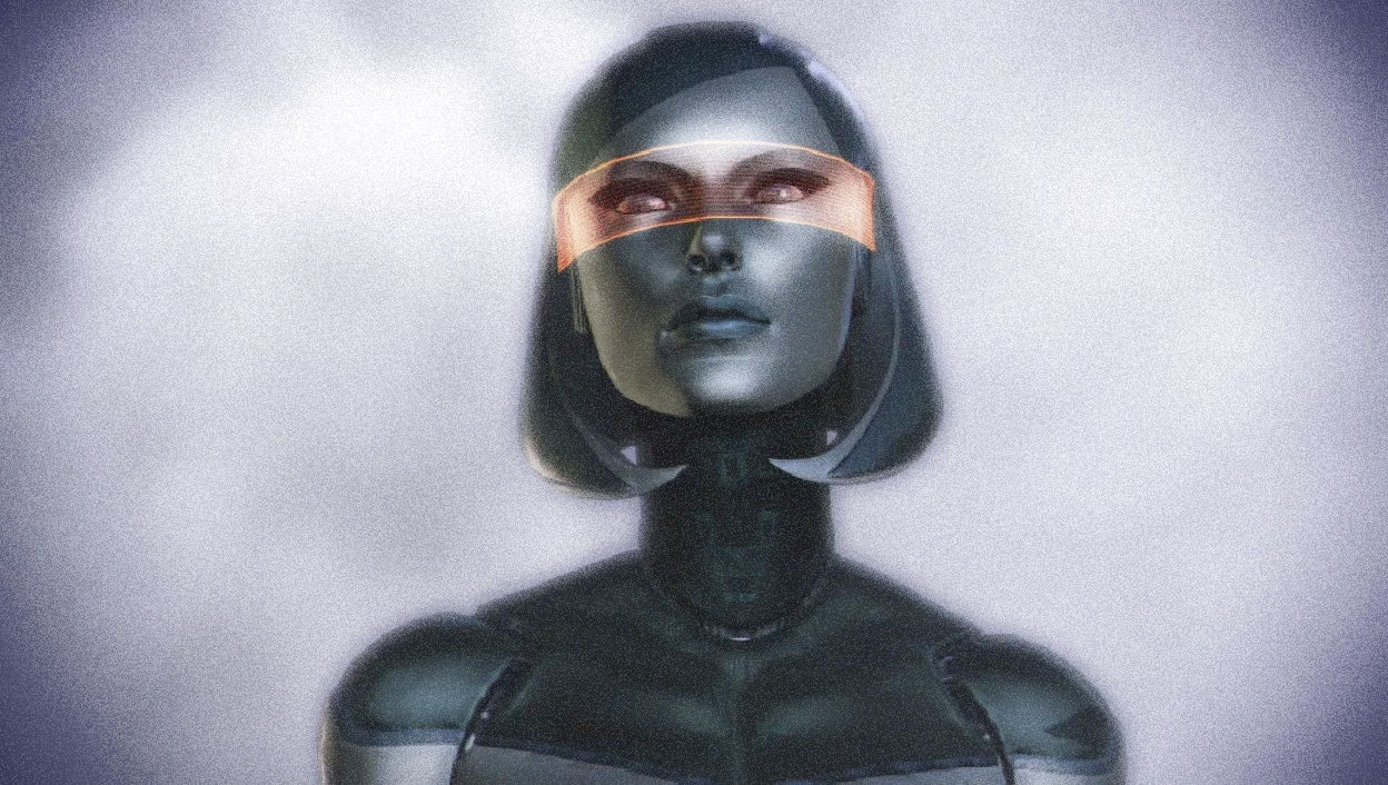 A screenshot of robo companion EDI from the Mass Effect series. She is a silver-skinned cyborg with neat bobbed hair and an orange eye-width visor.