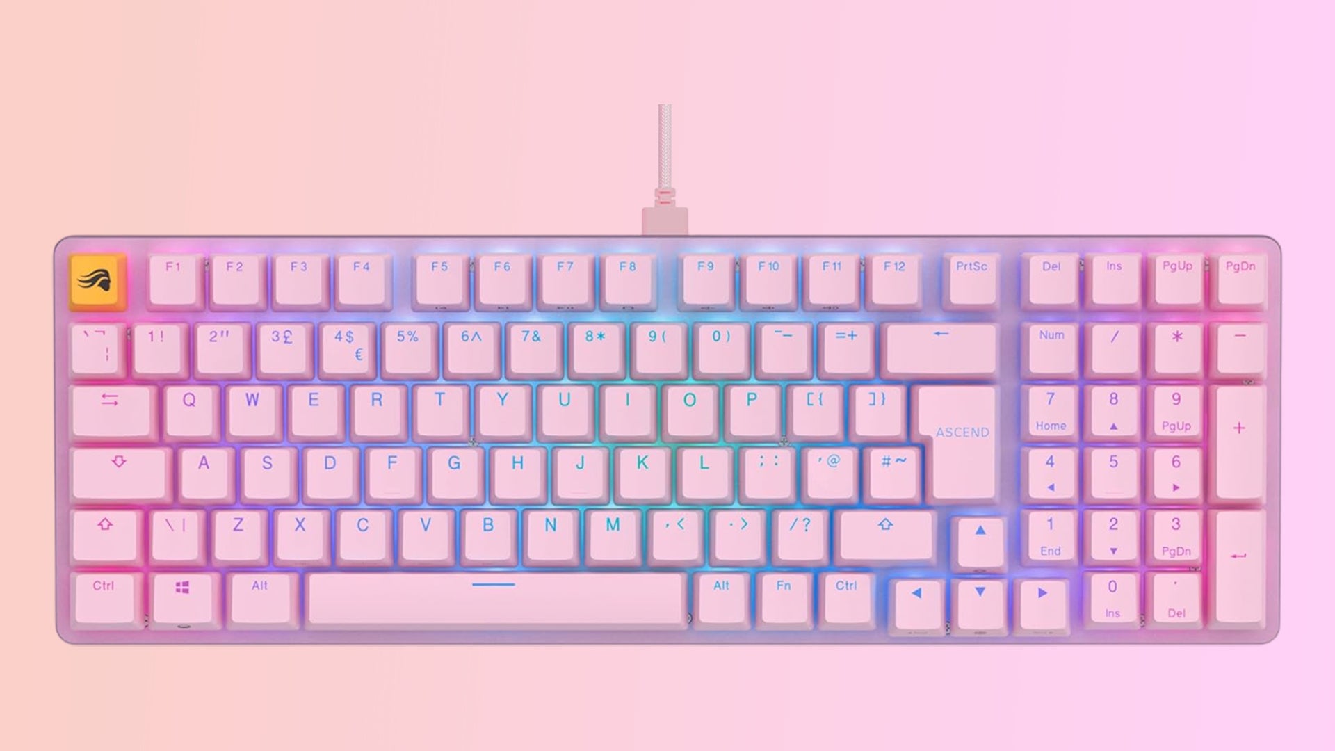 Glorious GMMK 2 mechanical keyboard in pink on a gradient background