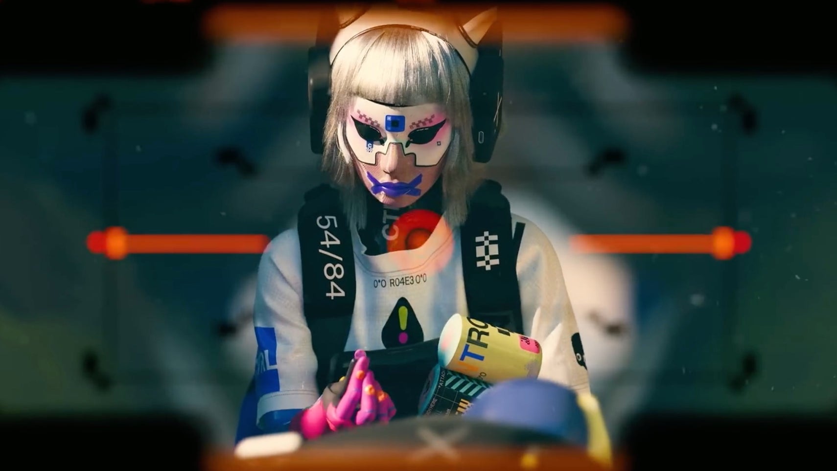 An image from Marathon's cinematic reveal trailer showing a masked woman framed by hi-tech gunsights.