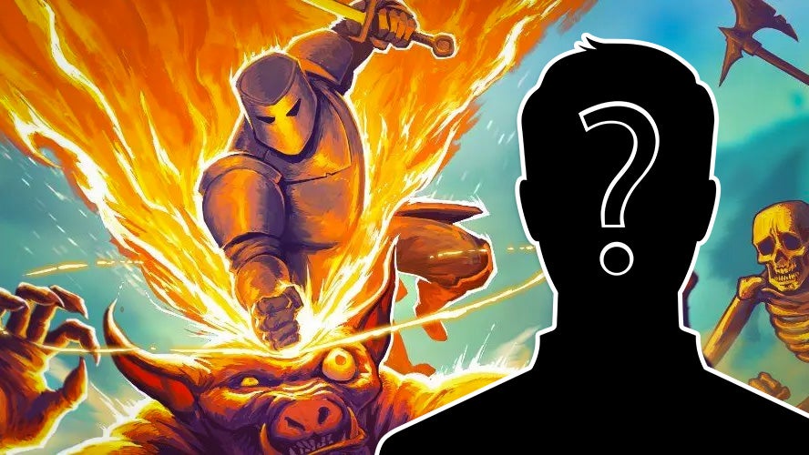 Bright and colourful artwork for the auto-attacking game Megabonk, showing an armoured character thumping a minotaur on the head, while flames erupt around them. Overlaid on the image is a silhouette of a person with a large question mark on their face.