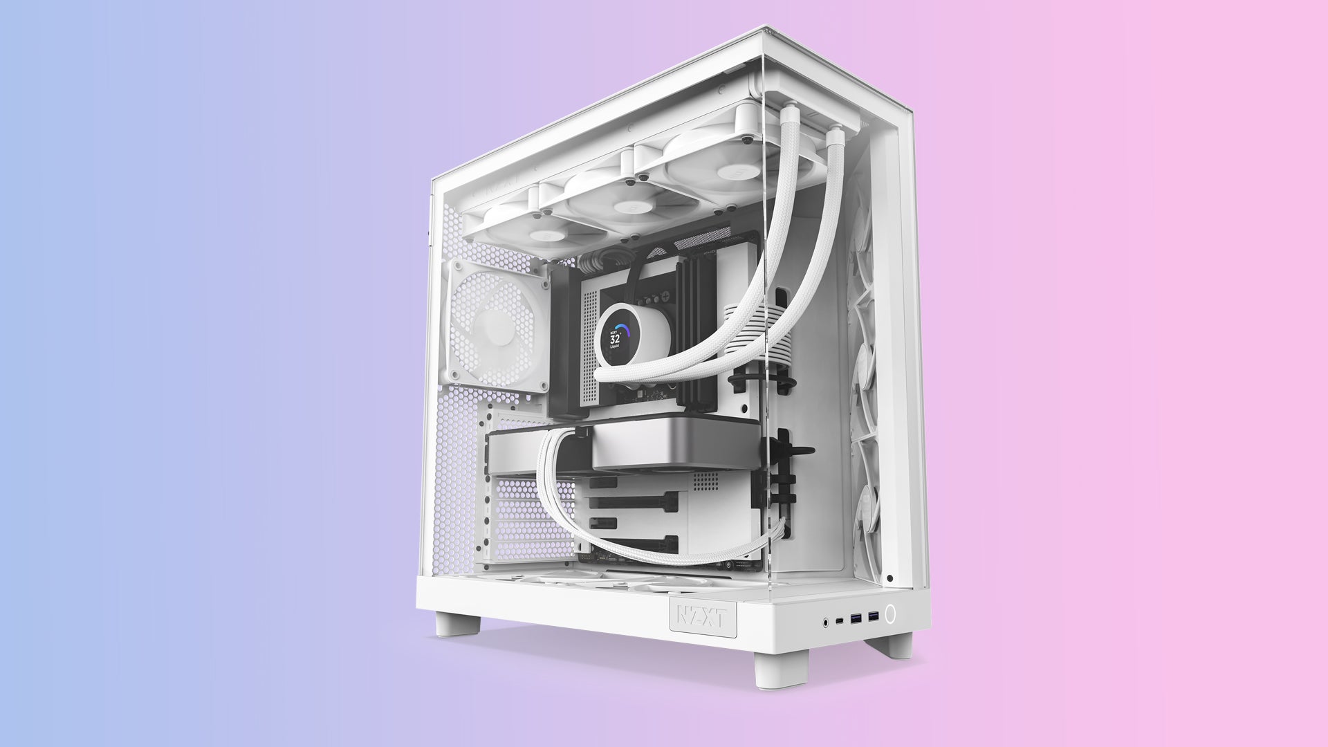 NZXT H6 Flow white PC case on a gradient background