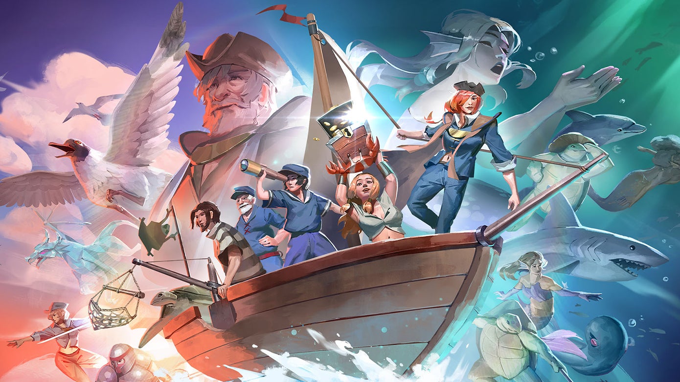 The official art for the Sailing Skill in Old School RuneScape, detailing a boat crewed by five sailors, a sirens, a seagull and other sea monsters.