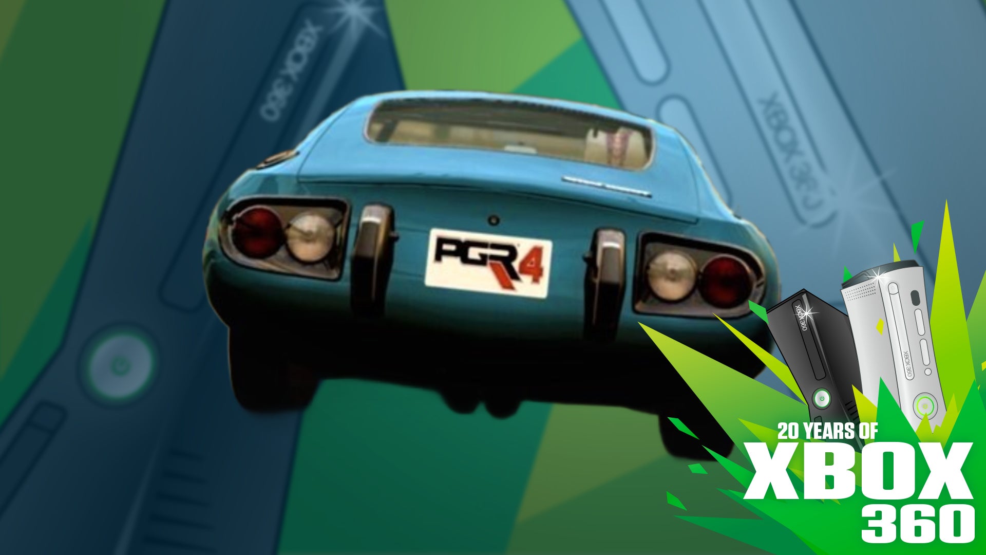 A blue car from PGR4 is driving away, its licence plate visible at the back reading "PGR4". The background is a black and white Xbox 360, some text reading "20 years if Xbox 360" is on the lower right corner.