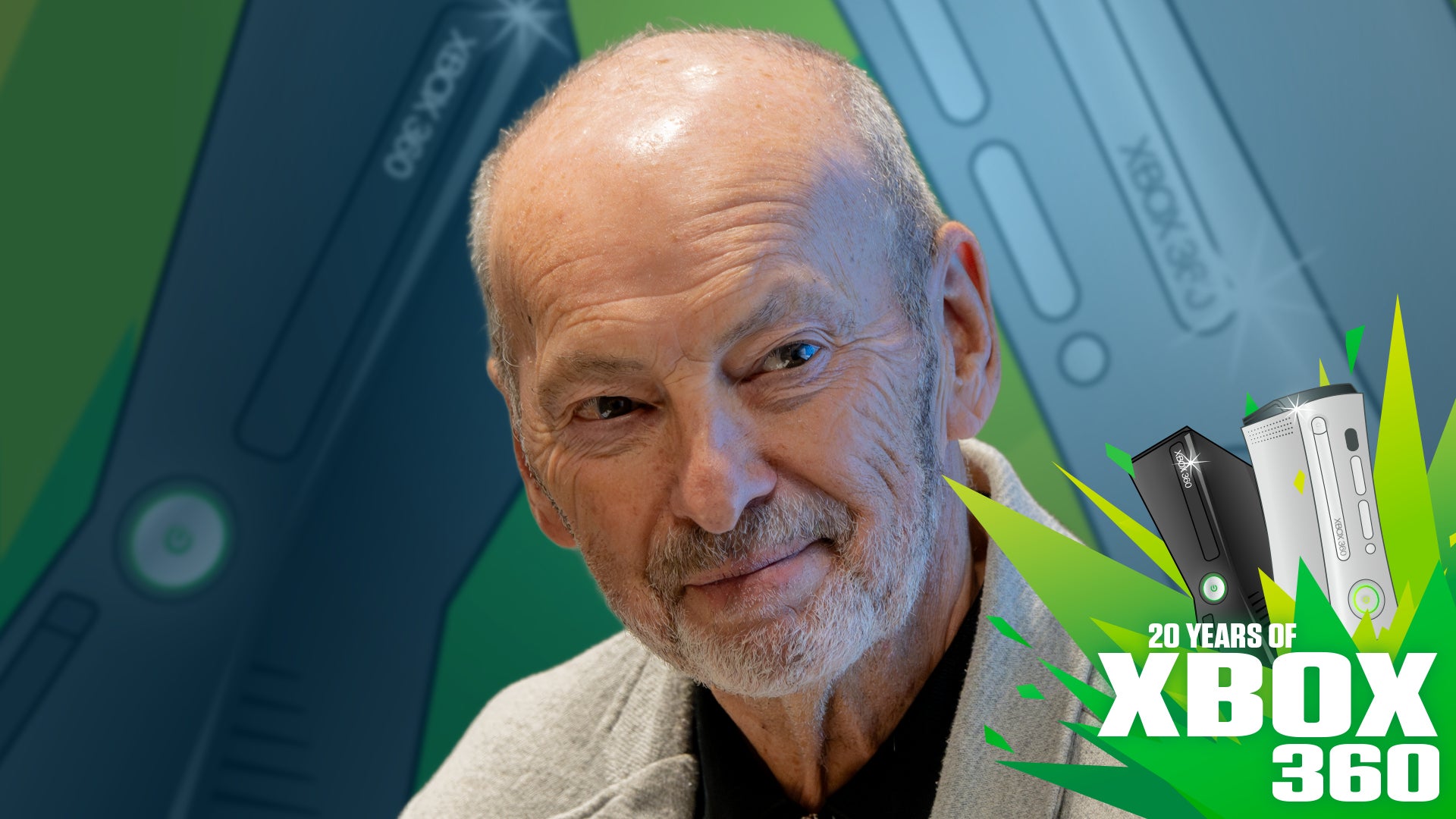 Former Xbox executive Peter Moore, an older man with cropped hair and beard, against a backdrop of Xbox 360s, and with an Xbox 360 logo in the bottom right-hand corner.