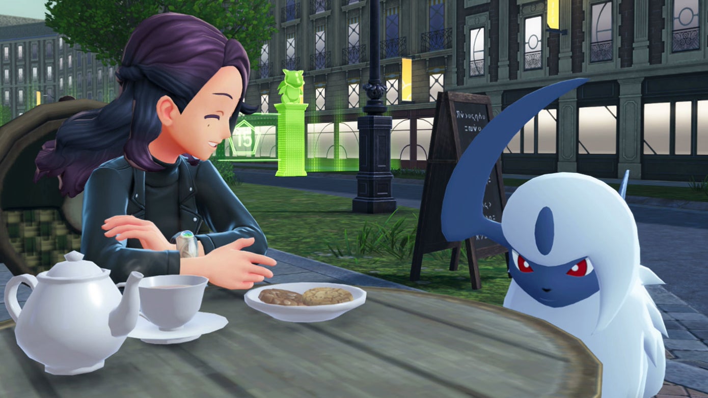 Absol and the female player character sit at a café in Pokémon Legends: Z-A.