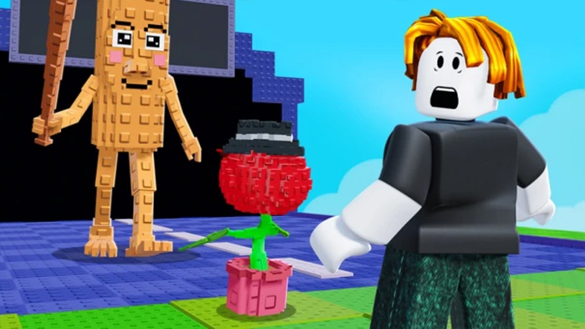 Artwork for the Roblox game Plants vs Brainrots, showing a Roblox character looking shocked as a large brainrot character with a bat approached a plant wearing a top hat.