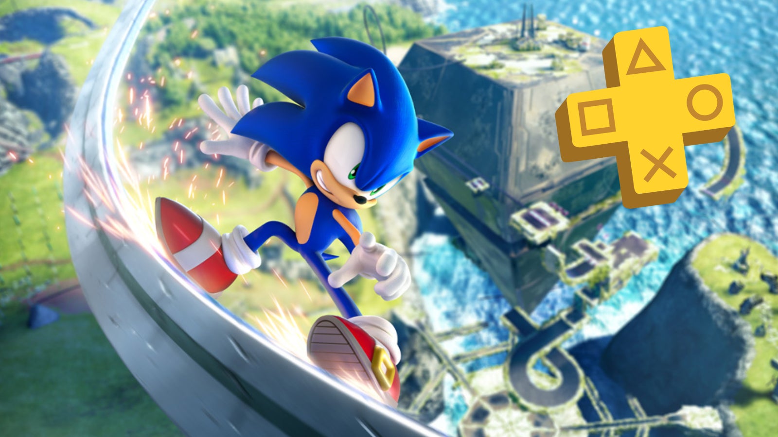 Sonic Frontiers artwork showing blue hedgehog grinding on a rail, with yellow PS Plus logo in the corner