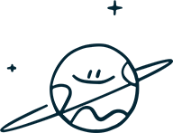 A line drawing of a cartoon planet with a smiley face, surrounded by a couple of stars and a ring.